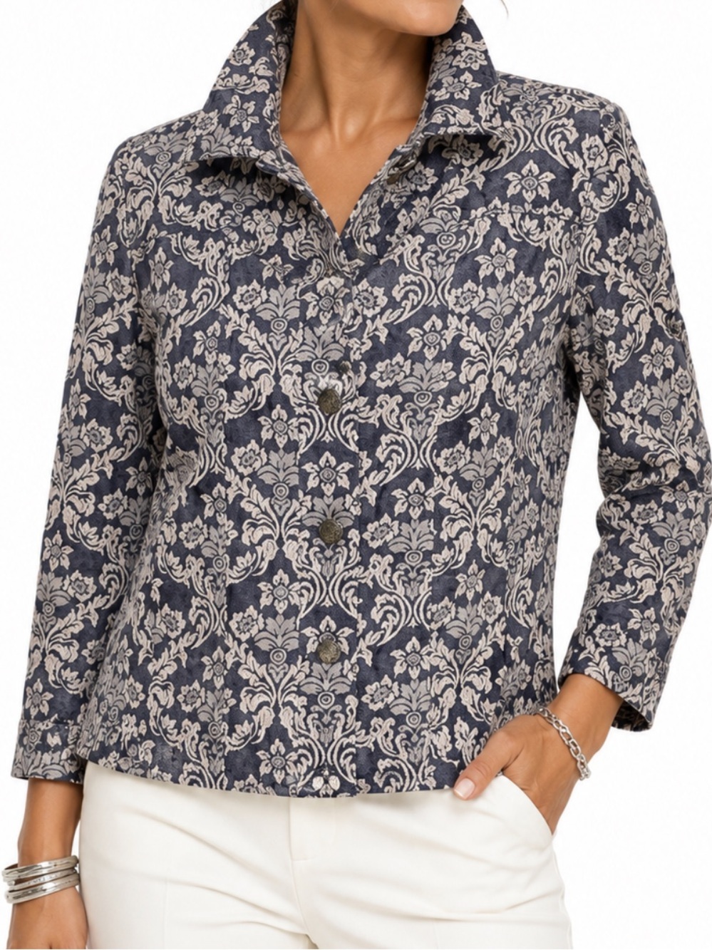 CHICOS EMBROIDERED FLORAL PAISLEY PRINT BLAZER SZ SM EUC